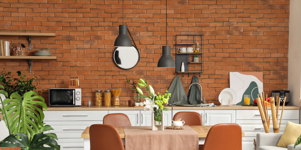 Handsome interior exposed brick wall in kitchen
